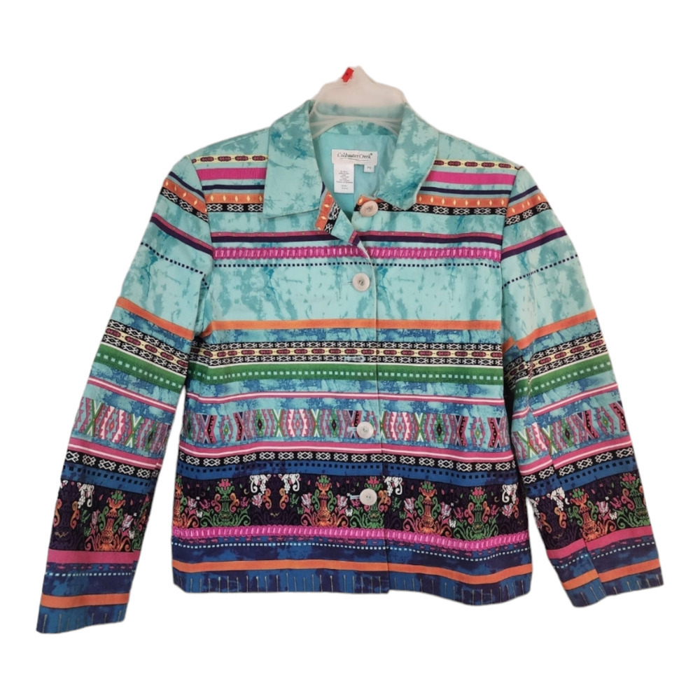 Vintage Coldwater Creek boho festival folk jacket blue green red size SP